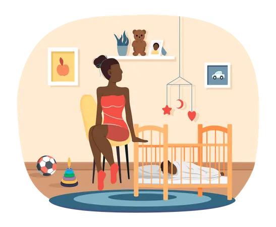 Woman puts to bed child in cradle  Illustration