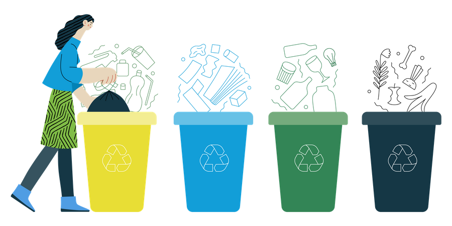 Woman putting a trash bag into the garbage container  イラスト