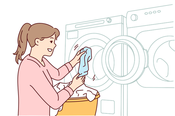 Woman putting cloth in washing machine Illustration