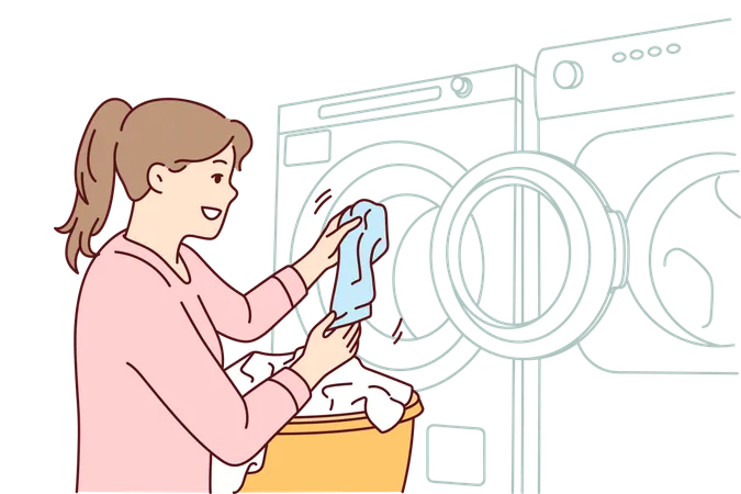Woman putting cloth in washing machine Illustration