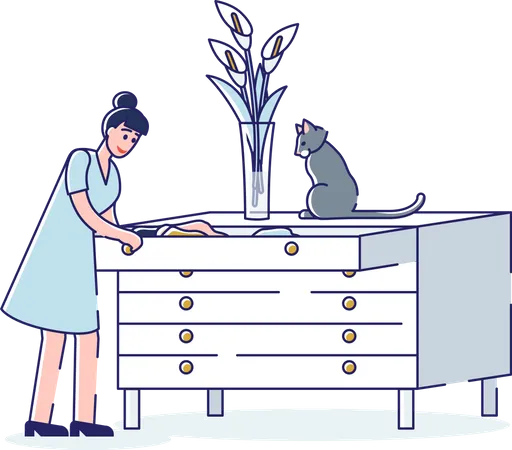 Woman putting clothes in drawers  Illustration