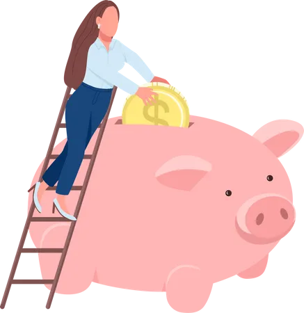 Woman putting coin in piggy bank Illustration