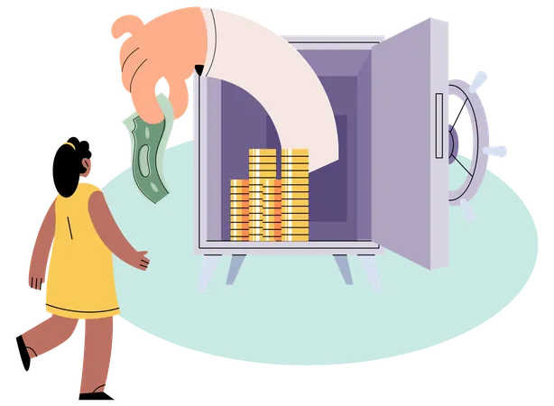 Woman putting coin into strongbox  Illustration