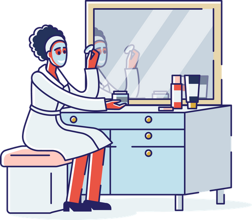 Woman putting cosmetic face mask sitting in front of mirror Illustration