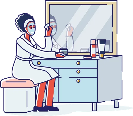 Woman putting cosmetic face mask sitting in front of mirror  Illustration