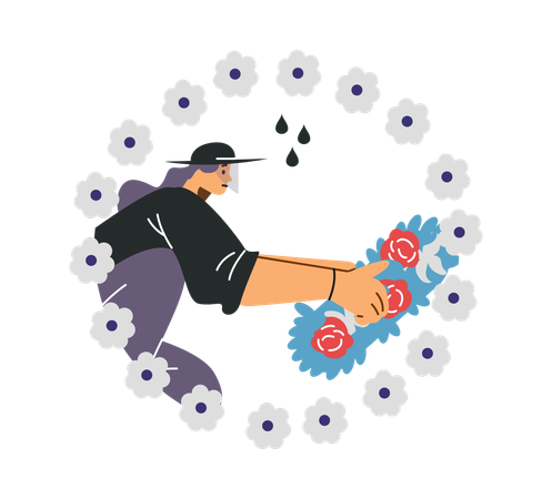Woman putting funeral wreath of flowers on gravestone burial  Illustration