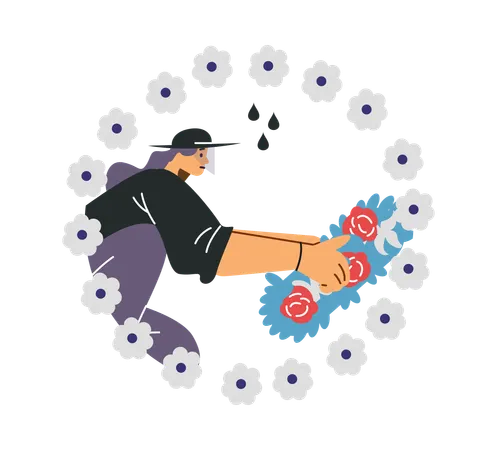 Woman putting funeral wreath of flowers on gravestone burial  Illustration