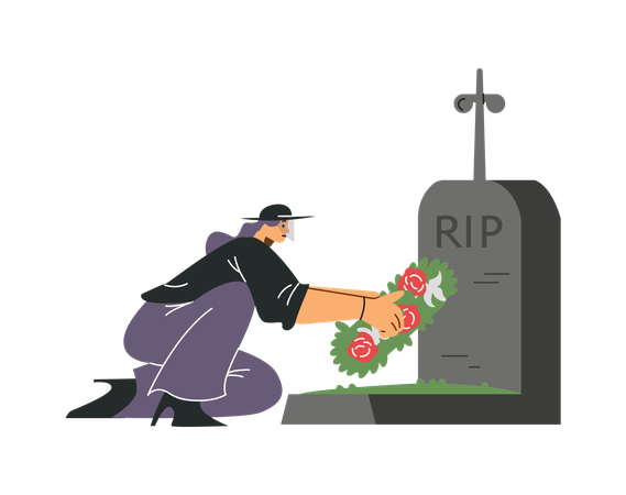 Woman putting funeral wreath of flowers on gravestone burial  Illustration
