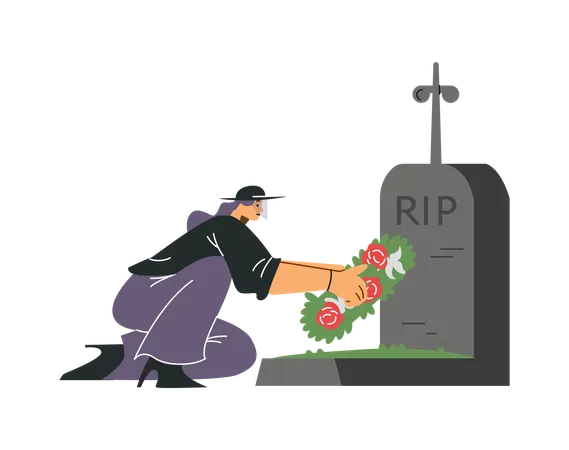 Woman putting funeral wreath of flowers on gravestone burial  Illustration