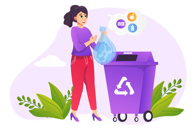 Woman putting garbage in recycle bin  Illustration