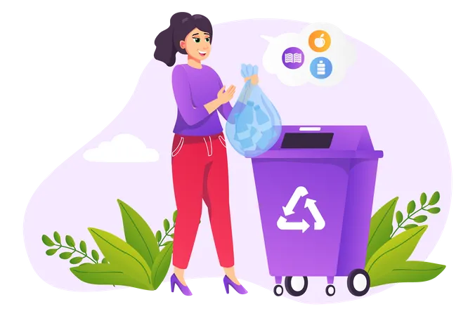 Woman putting garbage in recycle bin  Illustration