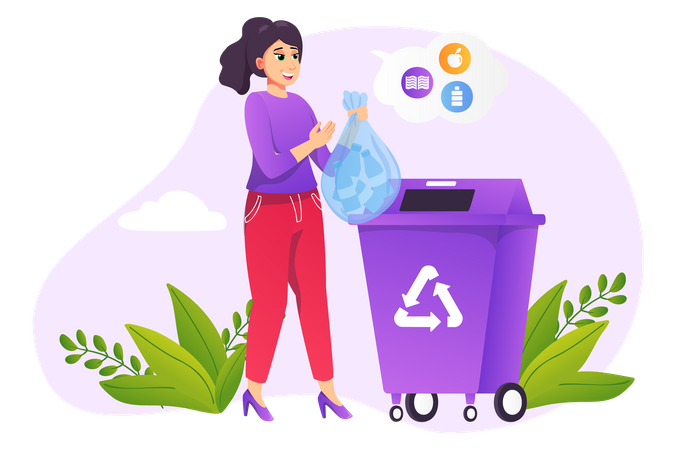 Woman putting garbage in recycle bin  イラスト