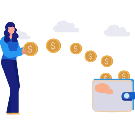 Woman Putting Money In Wallet  Illustration