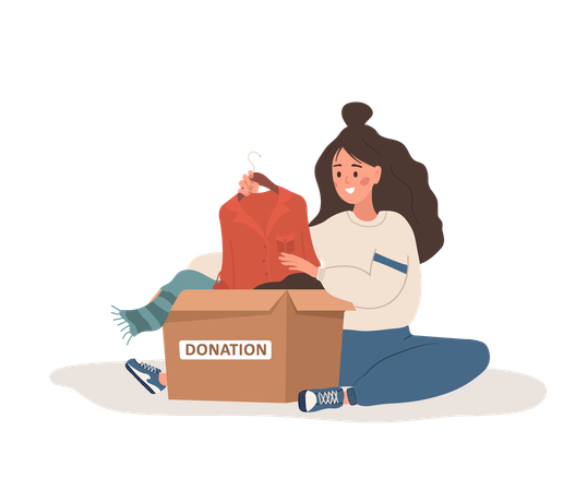 Woman putting old used clothes ready to be shared or recycled to cardboard box  Illustration