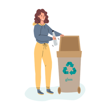 Woman putting plastic bottle in trash bin  Illustration
