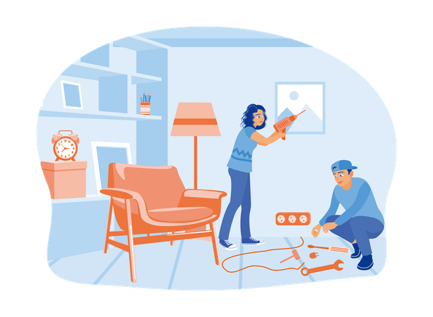 Woman Putting Up Painting On Wall While Man Repairs An Electrical Installation  Illustration