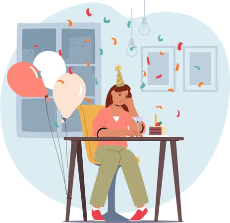 Alone And Somber A Woman Quietly Celebrates Her Birthday Sad Female Character Reminiscing Past Memories And Longing For Companionship And Joy On Her Special Day Cartoon People Vector Illustration Illustration