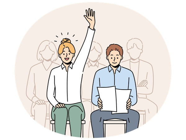 Woman raise hand volunteer at team meeting  Illustration