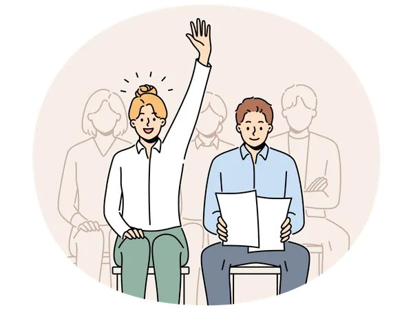 Woman raise hand volunteer at team meeting  Illustration