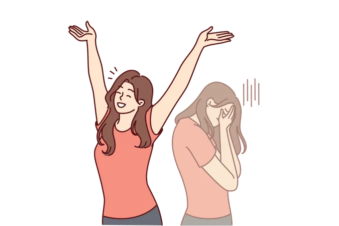 Positive Woman Raises Hands Up And Rejoices Having Got Rid Of Bad Emotions And Depression Spoiling Mood Crying Doppelganger Behind Girl For Concept Of Mood Swings Or Split Personality Illustration
