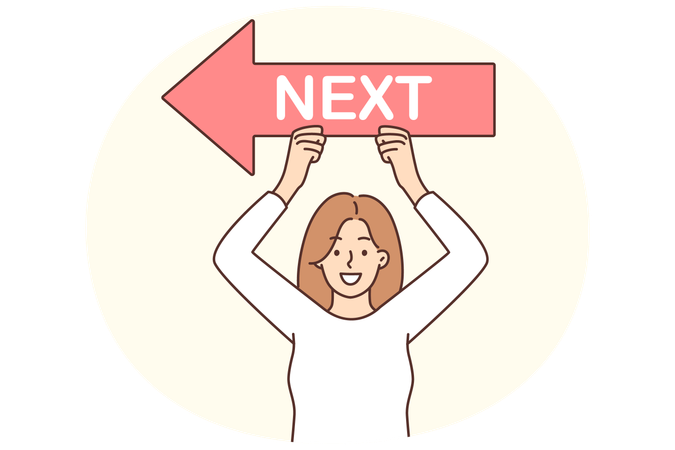 Woman raises next pointer above head to direct website or app visitors to new page  Illustration