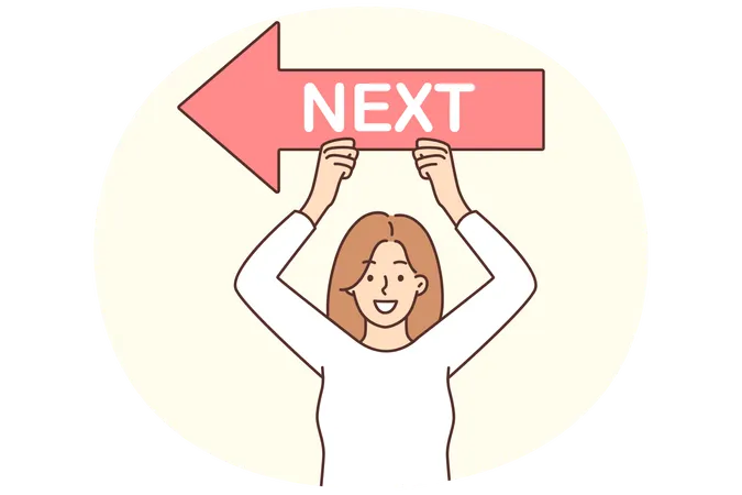 Woman raises next pointer above head to direct website or app visitors to new page  Illustration