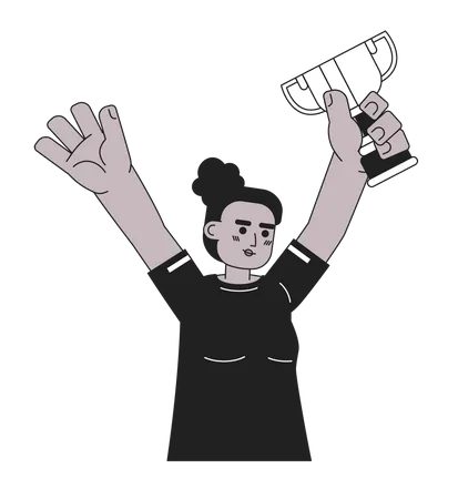 Woman Raising Cup Monochromatic Flat Vector Character Sportswoman Celebrating Victory Teammate Winning Editable Thin Line Half Body Person On White Simple Bw Cartoon Spot Image For Web Graphic Design Illustration