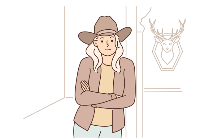 Woman ranger and ranch owner stands with arms crossed  イラスト