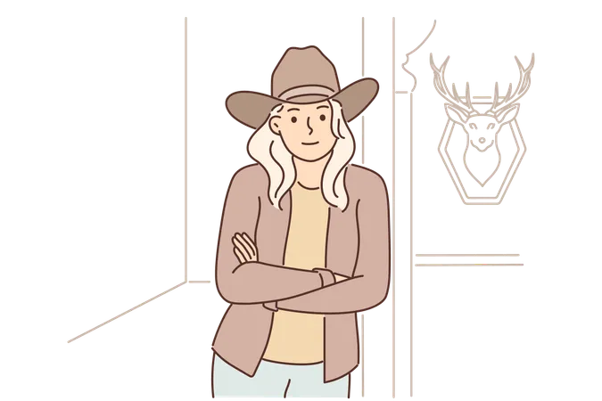 Woman Ranger And Ranch Owner Looks At Screen And Stands With Arms Crossed Near Wall With Stuffed Deer Texas Girl In Cowboy Hat Poses At Wild West Style Country Ranch For Hunting Tourism Advertisement Illustration