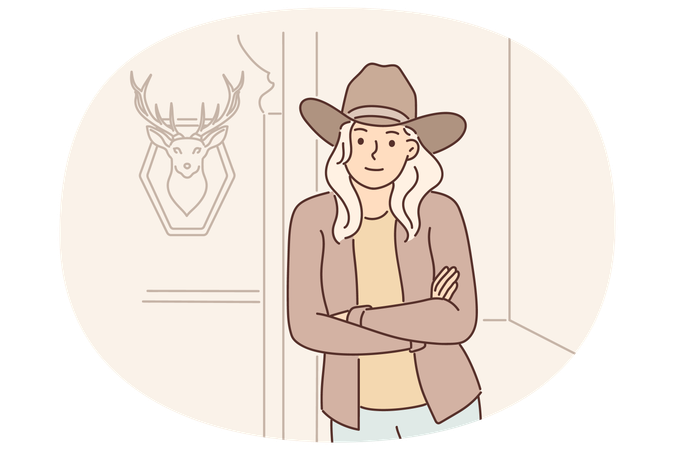 Woman ranger and ranch owner stands with arms crossed near wall with stuffed deer  Illustration
