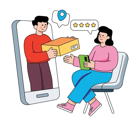 Woman rating delivery service of delivery man  Illustration