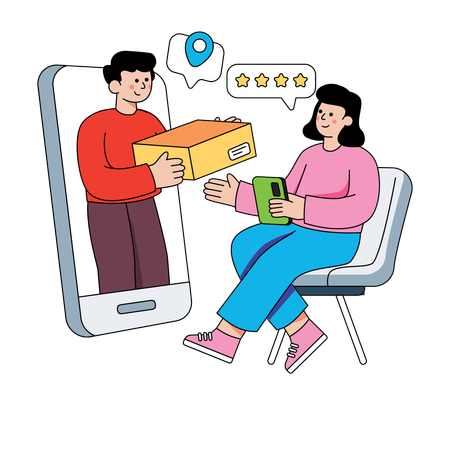 Woman rating delivery service of delivery man  Illustration