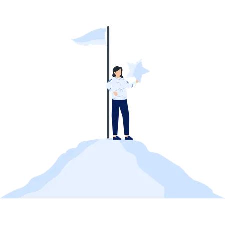 산 정상에서 별을 들고 목표에 도달하는 여성  일러스트레이션