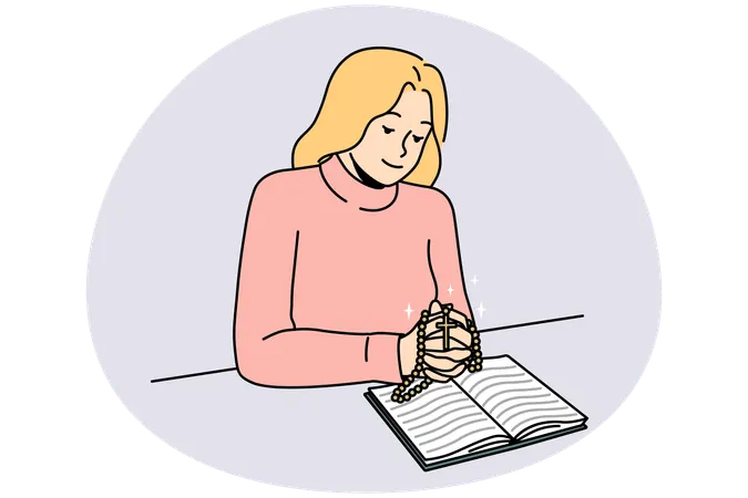Woman read bible pray with rosary  Illustration