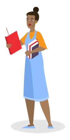 Young Woman Standing And Reading Book Concept The Person Read In Library Girl Hold Book Stack And Study Isolated Vector Illustration In Cartoon Style Illustration