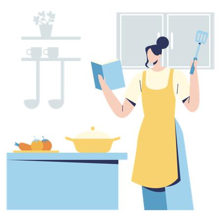 Woman read Recipe book to cook meal  Illustration