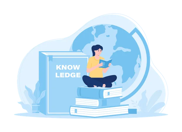 A Woman Sits On Books A Globe And A Book Of Knowledge Trending Concept Flat Illustration Illustration