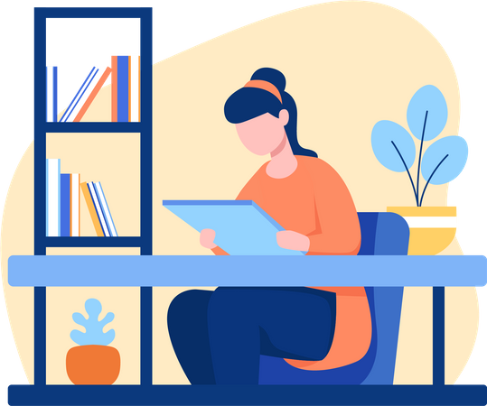 Woman Reading a Book in the Library  Illustration