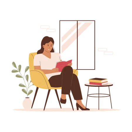 Woman reading a book sitting on a sofa next to the window  Illustration