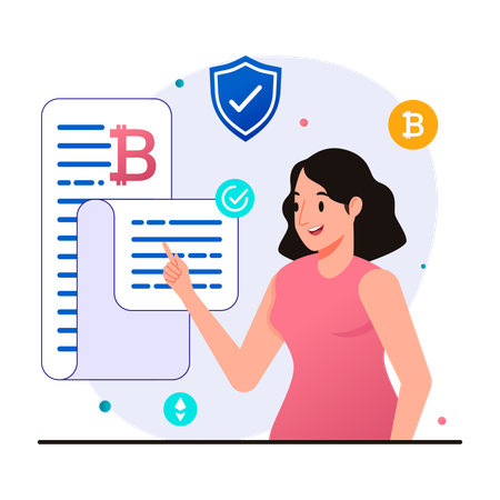 Woman reading bitcoin whitepaper to know about project information  Illustration