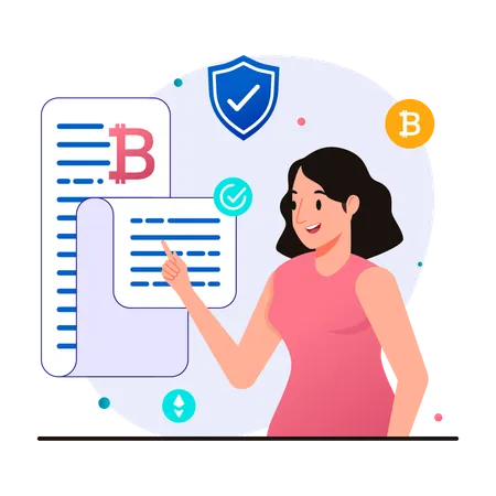 Illustration Of Woman Reading Bitcoin Whitepaper To Know About Project Information Illustration