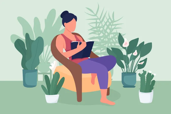 Woman Reading Book Flat Color Vector Illustration Girl Sitting In Armchair Among Houseplants And Relax Weekend Leisure Activity Resting 2 D Cartoon Character With Cozy Interior On Background Illustration
