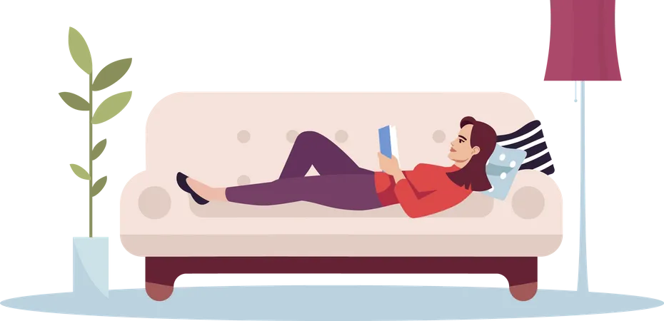Woman Lie On Couch Semi Flat RGB Color Vector Illustration Person Read Book While Resting On Couch Person Relaxing On Sofa Home Leisure Isolated Cartoon Character On White Background Illustration