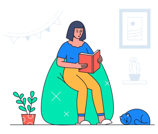 Woman Reading Modern Flat Design Style Illustration With Line Elements A Colorful Composition With A Smiling Girl Sitting In A Beanbag Chair With A Book At Home Hobby Leisure And Education Idea Illustration