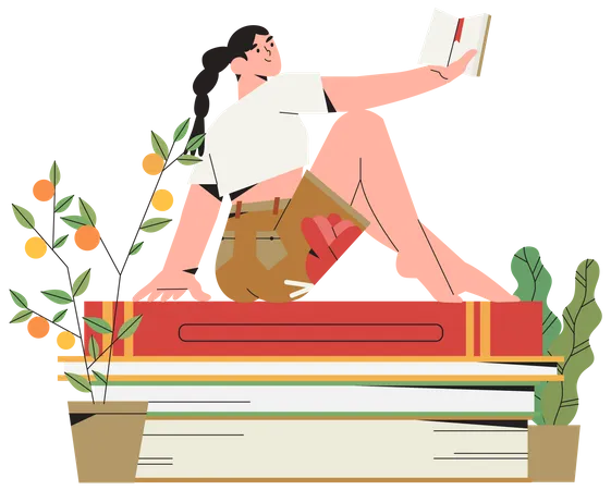 Vector Illustration Of Woman Sitting On Pile Of Books And Reading Creative Banner Poster Invitation For Book Crossing Exchange Marker Fair Or Online Library World Literacy Or Reading Day Illustration