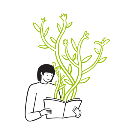 Woman reading book a plants growing around  Illustration