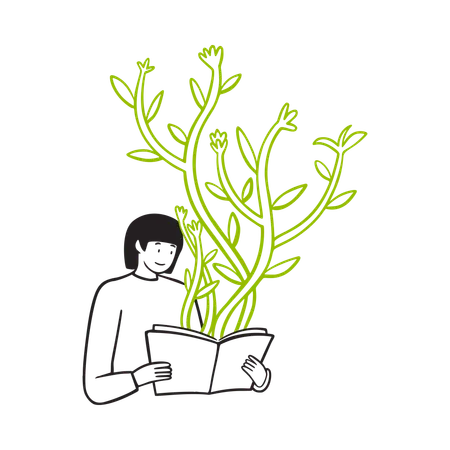 Woman reading book a plants growing around  Illustration