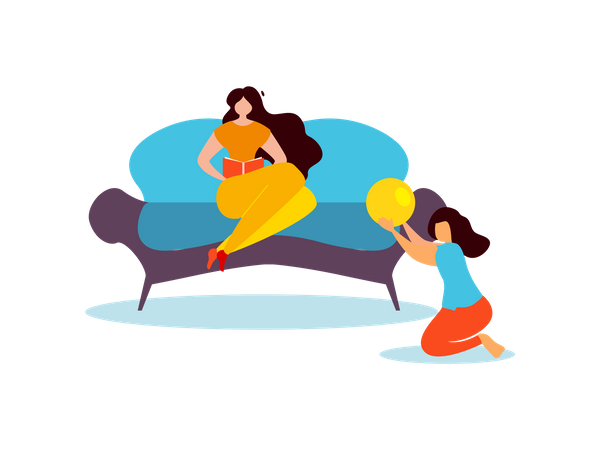 Woman reading book and daughter playing ball Illustration