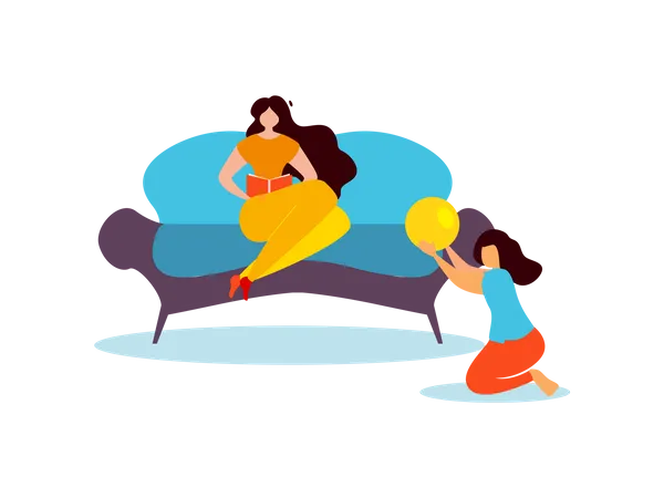 Woman reading book and daughter playing ball  Illustration