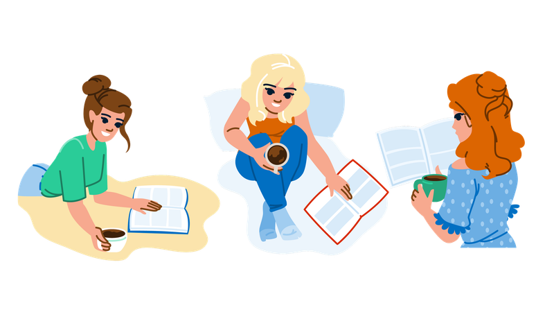 Woman reading book and drinking coffee  Illustration